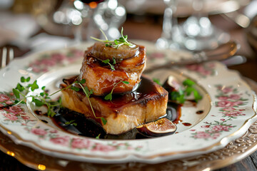 Decadent foie gras on toasted brioche with a fig and balsamic reduction plated on vintage fine china