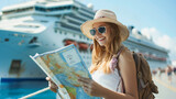 Fototapeta Uliczki - A smiling young woman with a map in front of a large cruise ship