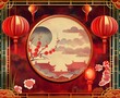 Chinese new year background with a golden frame or boarder and lanterns, japonism style, influenced pieces, light maroon and red, playful and colorful depictions, rounded, mural-like compositions.