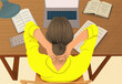 © fStop - High angle view tired businesswoman with hands behind head working at laptop at home