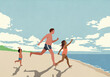 © fStop - Happy, excited father and kids running toward ocean on sunny summer beach
