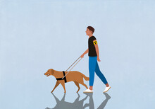 Blind Man Walking With Seeing Eye Dog On Blue Background
