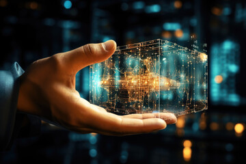 Wall Mural - hand holds luminous digital neural network cube, symbolizing the interface between humans and big da