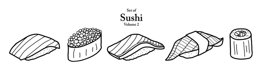 Wall Mural - A series of sushi in cute hand drawn style. Set of 5 sushi in black outline on transparent background. Drawing of food elements for coloring book, menu or recipe design.