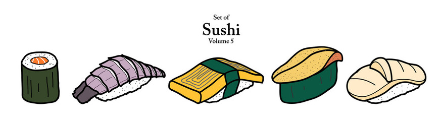 Wall Mural - A series of sushi in cute hand drawn style. Set of 5 sushi in vivid colors on transparent background. Drawing of food elements for coloring book, menu or recipe design.