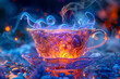 Animated teacup with a lively personality tea furiously bubbling over an artful presentation of mystical narrative