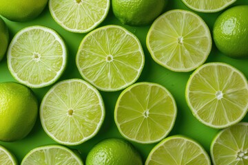 Poster - Fresh lime slices on green background. Top view. Flat lay.