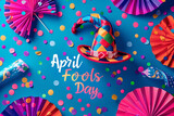 Fototapeta  - 
bright background for April Fool's Day - hat, confetti, paper fans