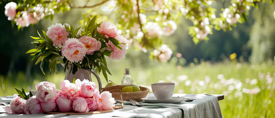 Brunch at blooming spring garden backyard. Served table decorated  peonies flowers with meal. Outdoors rest. Breakfast on the nature. Generative ai