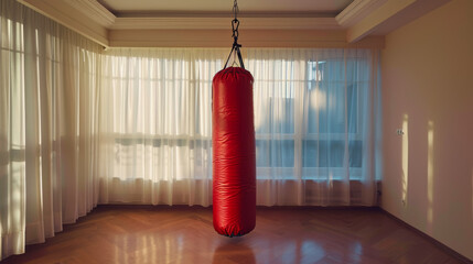 Red punching bag hanging in room