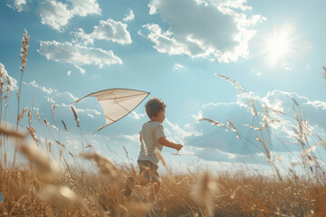 Boy is running with a kite during the day in the field