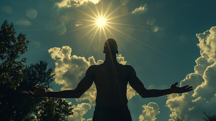 Wall Mural - Silhouette of a black man holding the sun