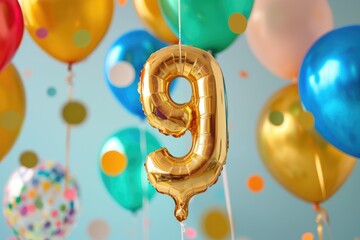 Glittering Gold Number Nine Birthday Balloon Displayed on a Vibrant, Colorful Background