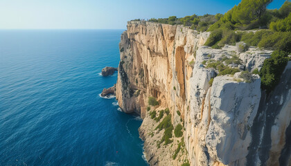 Wall Mural - Breath-taking aerial view of a cliff with climbers ascending -wide format