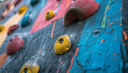 Poster - Indoor climbing wall adorned with vibrant holds - demarcating varying degrees of difficulty - inviting climbers to test their skills - wide format