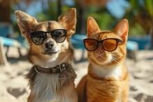 Two Funny Cat And Dog In Sunglasses On The Sandy Shore Of The Ocean Sea, The Concept Of Advertising Tourism, Summer Vacation At Sea