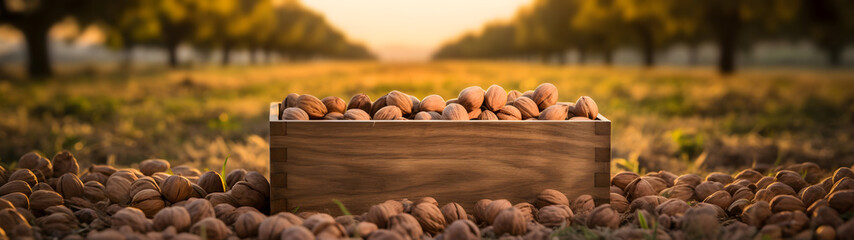 Pecan nuts harvested in a wooden box in a plantation with sunset. Natural organic fruit abundance. Agriculture, healthy and natural food concept. Horizontal composition, banner.