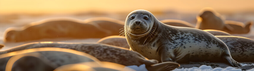 Wall Mural - Seal family in the ocean water with setting sun shining. Group of wild animals in nature. Horizontal, banner.