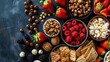 healthy food. Superfoods, various fruits and assorted berries, nuts and seeds.