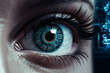 gros plan sur l'œil d'une femme, avec un circuit digital au niveau de l'iris pour permettre une sécurité numérique. Identification biométrique par reconnaissance de l'iris