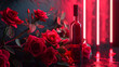 red laser Rose lines and a bottle of red wine in the mirro