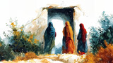 Fototapeta Mapy - Three women standing before the open entrance of an empty tomb, depicted in a vibrant watercolor style.