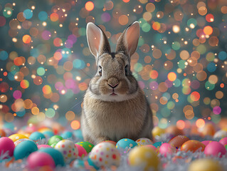 Wall Mural - Easter bunny sitting surrounded easter eggs, easter card. space for text