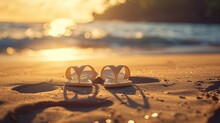 Photograph Of A Pair Of Sandals On Polihale Beach Sand Dune Sunlit Soft Lit Backlit Bokeh