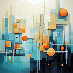 Wall Mural - Abstract cityscape with floating geometric shapes.