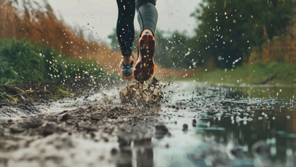 Dynamic action shot captures feet mid-splash on a muddy trail run.