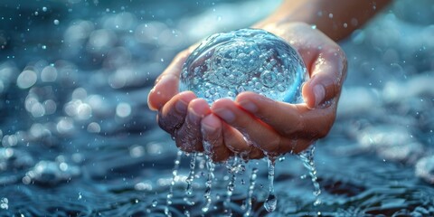 world water day . Hands holding clean water drop in shape of planet Earth. ai generated