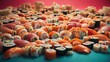 Sushiland: An abstract illustration teeming with sushi rolls, nigiri, and crispy panko, all in one vibrant display
