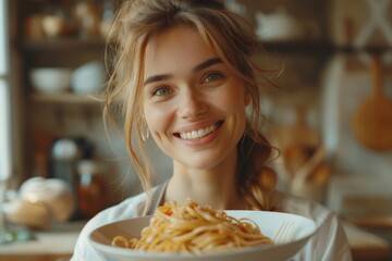 Close-up of charming young Caucasian girl eating delicious homemade Italian spaghetti, looking at camera. Happy smiling European lady enjoying tasty lunch, sitting in cozy kitchen. World Pasta Day.