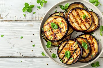 Wall Mural - Slices of grilled eggplants in plate on wooden table