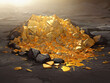 vector Pure gold ore found in the mine on a stone floor with water  .