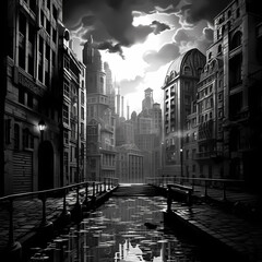 Sticker - Classic black and white cityscape. 