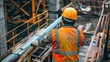 © logonv - A worker in reflective gear surveys an industrial site, representing themes of industry regulation, safety inspection, and operational management