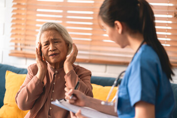 nursing home assistance in health insurance business concept, asian woman doctor or nurse caregiver support health care to elderly senior patient person, caretaker in medicals care recovery service