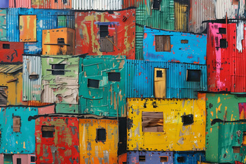 Colourful South African art with township village culture depicting informal slum housing settlement. Underprivileged Southern Africa squatter camp dwelling scene.