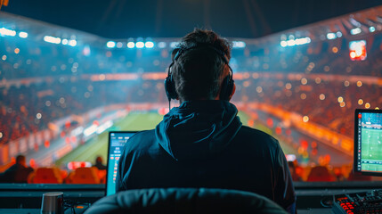 Wall Mural - a sports broadcaster sits by his computer looking towards a huge stadium