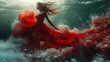 a woman in red is underwater