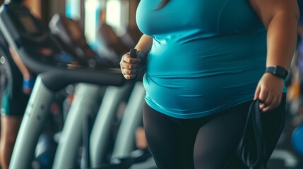 Wall Mural - An overweight woman in the gym preparing to play sports, the concept of an active life in any age, taking care of the body and building a relationship with weight