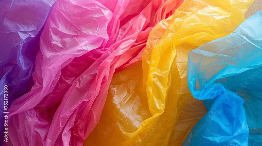 Multi-colored full garbage plastic bags on white background with copy space. Concept of environmentally friendly redistribution of waste