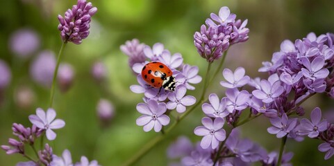 Sticker - Lone ladybug embarks on a fragrant voyage across lilac blossoms