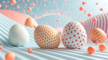 A group of vibrant and colorful eggs are arranged neatly on top of a table. Each egg is uniquely decorated, creating a festive and cheerful display. Generative AI