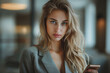 A beautiful businesswoman holding a phone and looking at it. AI Generated