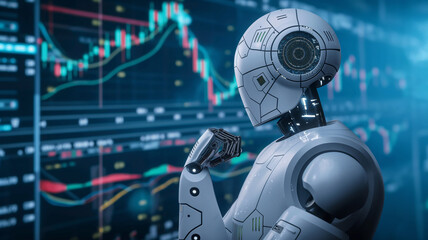 AI Robot Analyzing Financial Stock Market Data. Artificial intelligence robot engaged in analyzing complex stock market data displayed on high-tech digital screens.