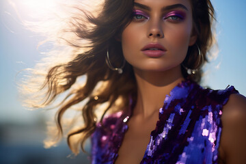 Wall Mural - Fashion Model in Purple Sequined Dress and Makeup