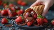 Person Scooping Chocolate From Waffle Cone With Strawberries