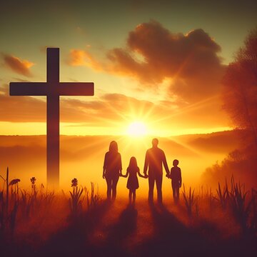Silhouette of a family and the cross of Jesus Christ against the backdrop of an autumn sunset. Holy Easter Sunday concept.